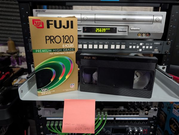 VHS-2026-028: Fuji PRO 120 with post-it reading Astros at Indians 6-27-1998, six hours of Cleveland Saturday night TV