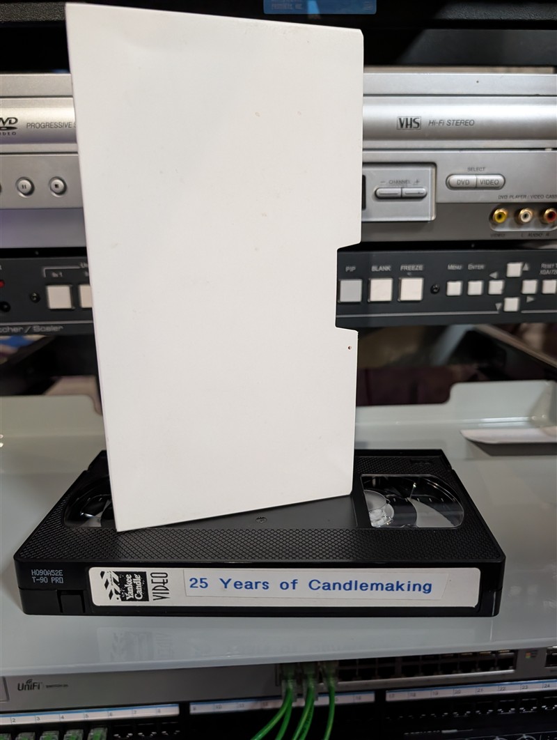 VHS-2025-040: Hoechst T-90 PRO in plain white sleeve, 25 Years of Candlemaking, obscure corporate anniversary tape