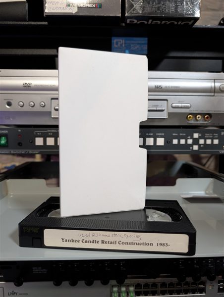 Handwritten label: Used @ home store opening. Yankee Candle retail construction corporate video from 1983 (VHS-2025-041)