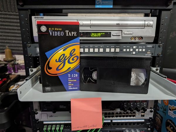 GE T-120 labeled Around the 1999 Super Bowl. six hours of Ohio TV with Elway's final game, Sunbury Collection (VHS-2026-039)