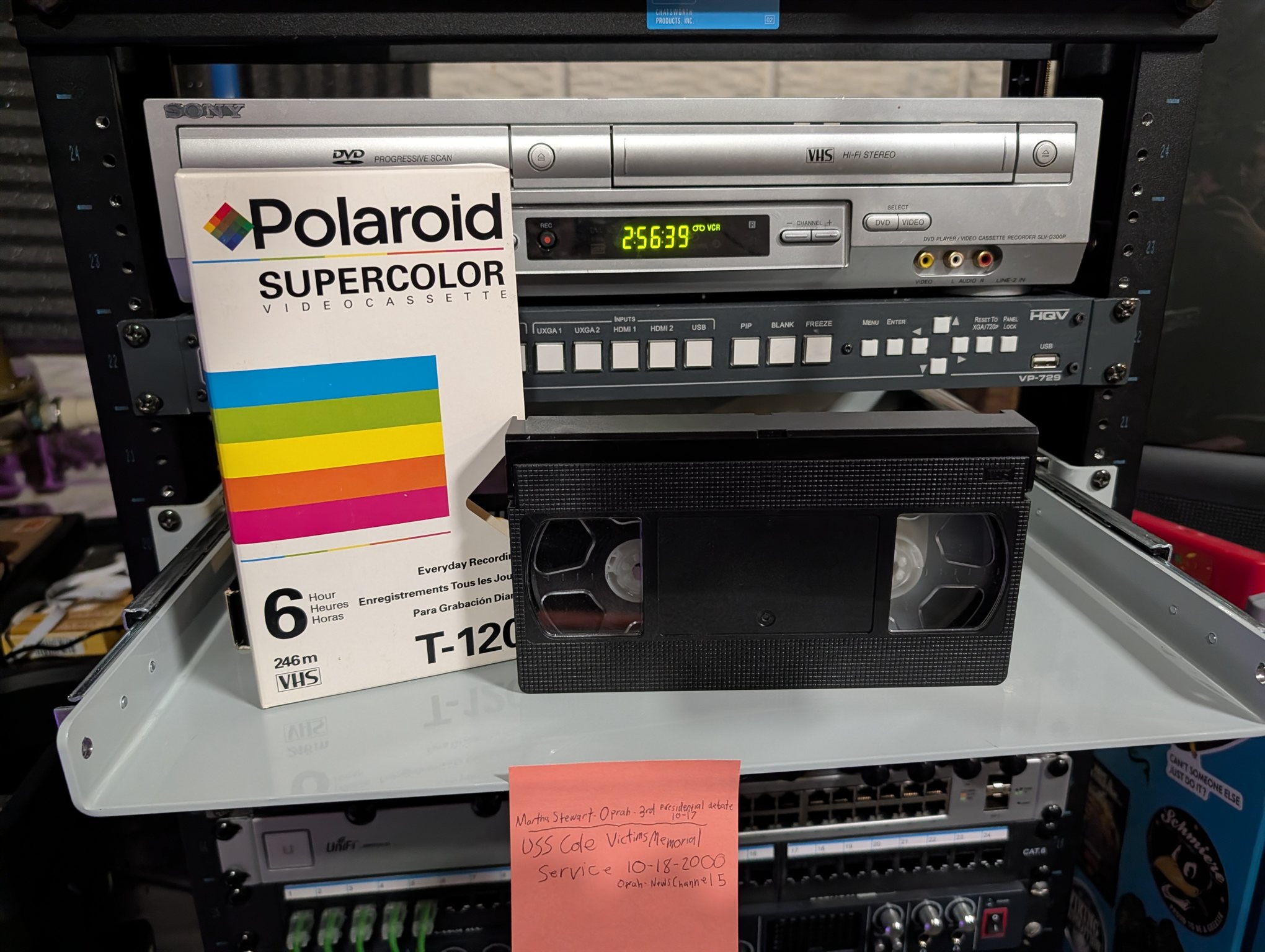 Polaroid Supercolor T-120 with post-it. USS Cole memorial, Bush v. Gore debate, Oprah, October 2000 (VHS-2026-052)