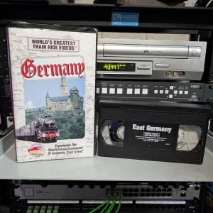 Germany train-video sleeve beside a VHS labeled East Germany.