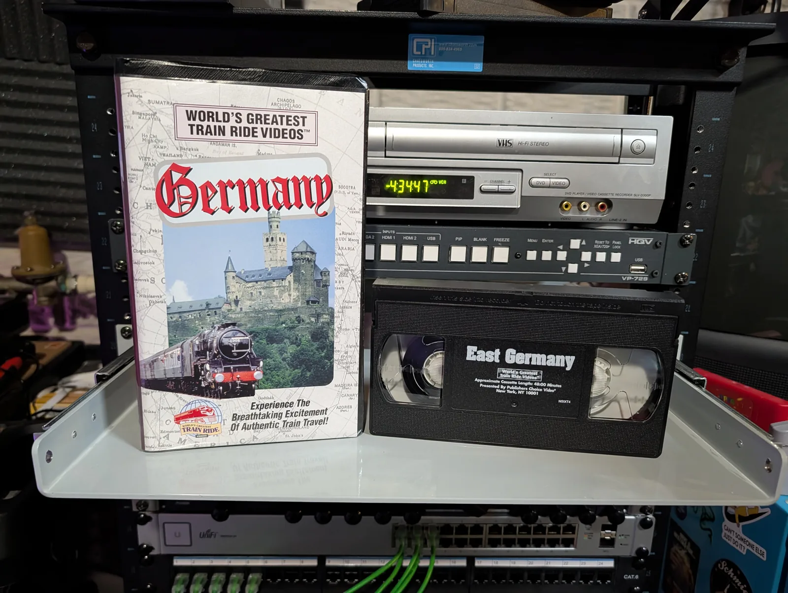 Germany train-video sleeve beside a VHS labeled East Germany.