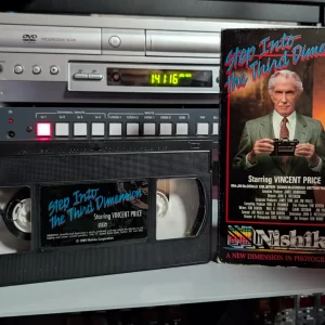 Step Into the Third Dimension Nishika sleeve showing Vincent Price with a camera beside its labeled VHS.