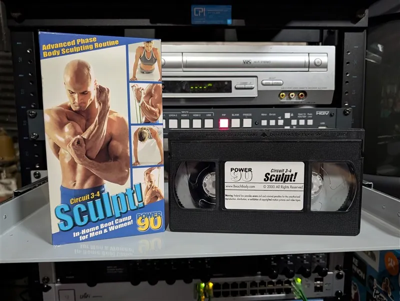 VHS-2026-504: Power 90 Sculpt! Circuit 3-4 with Tony Horton, physical VHS tape in the 90s Craig archive.