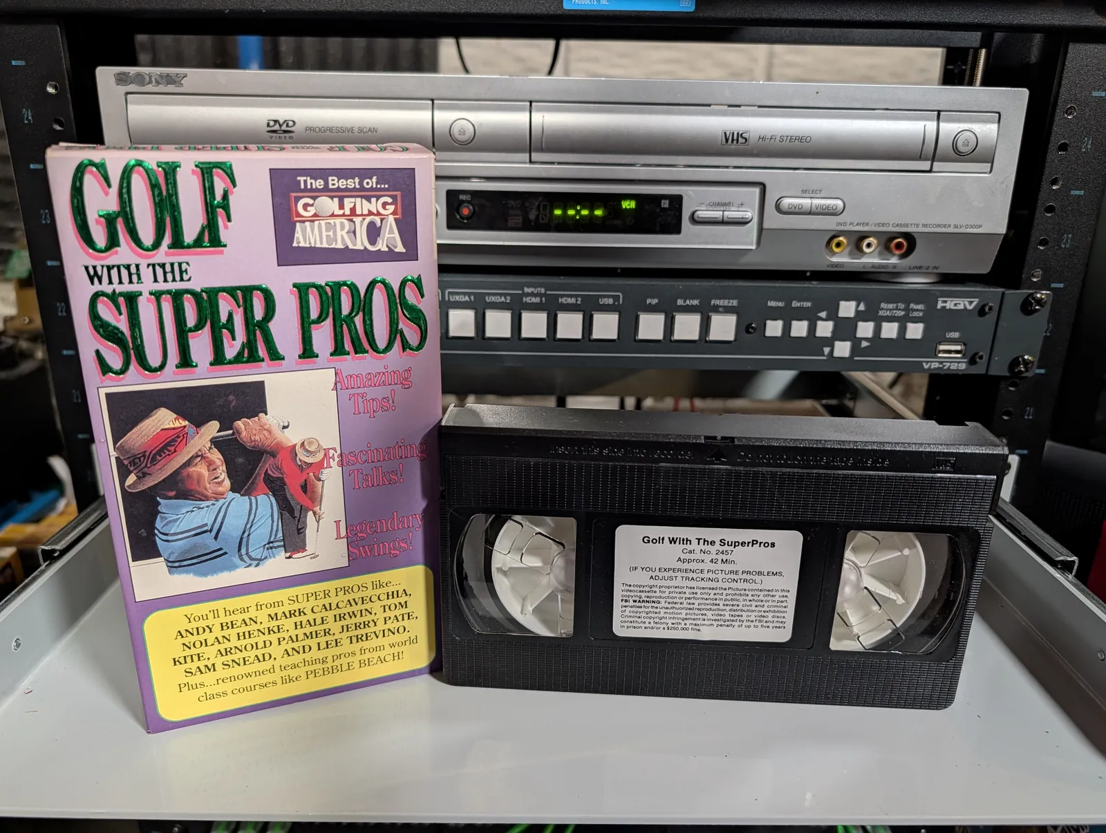 VHS-2026-786: Golf With the Super Pros: The Best of Golfing America, physical VHS tape in the 90s Craig archive.