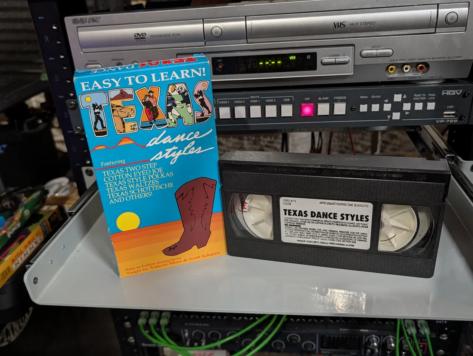 VHS-2026-811: Texas Dance Styles with Valerie Moss and Scott Schmitz, physical VHS tape in the 90s Craig archive.