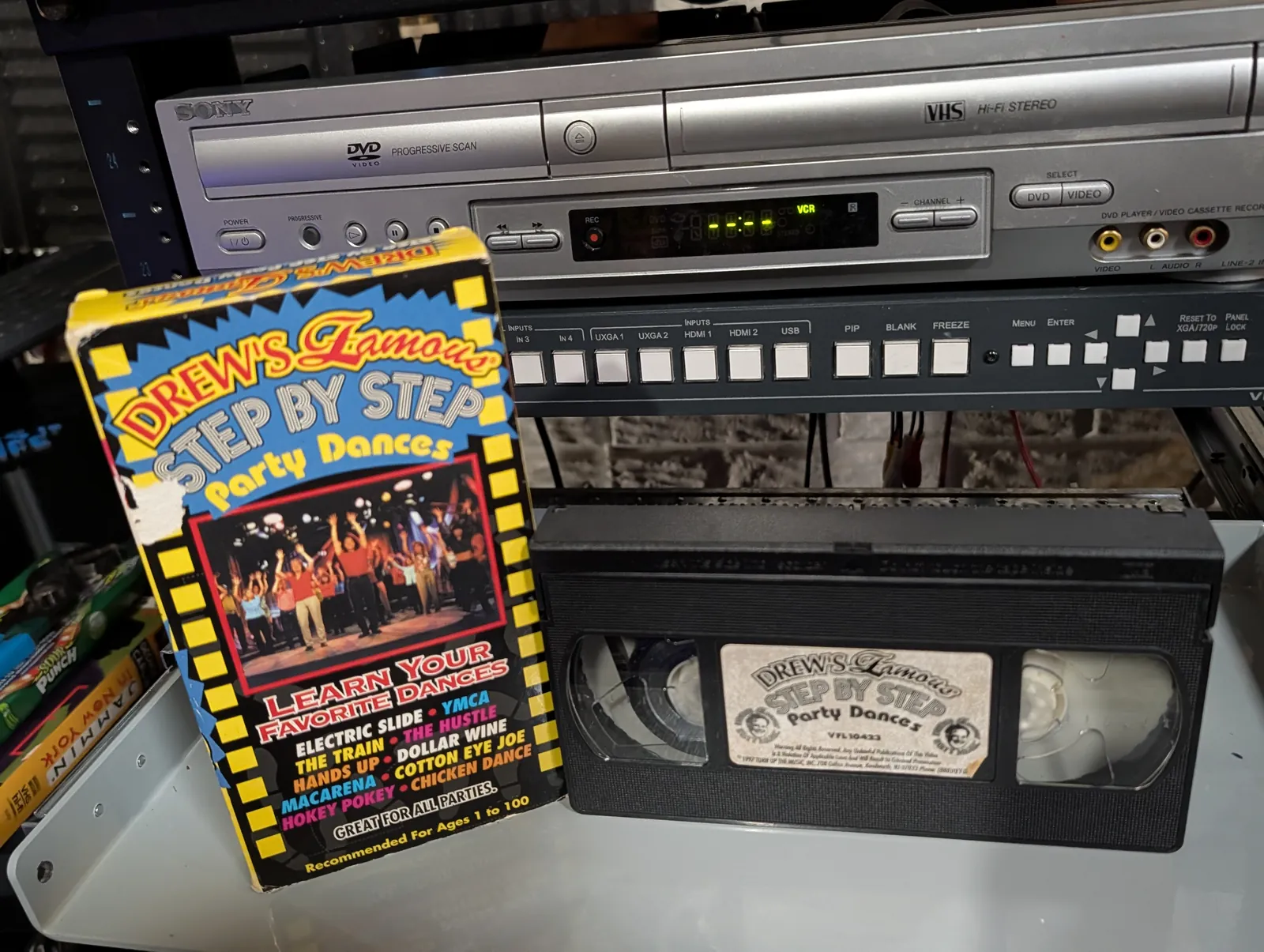 VHS-2026-829: Drew's Famous Step By Step Party Dances, physical VHS tape in the 90s Craig archive.