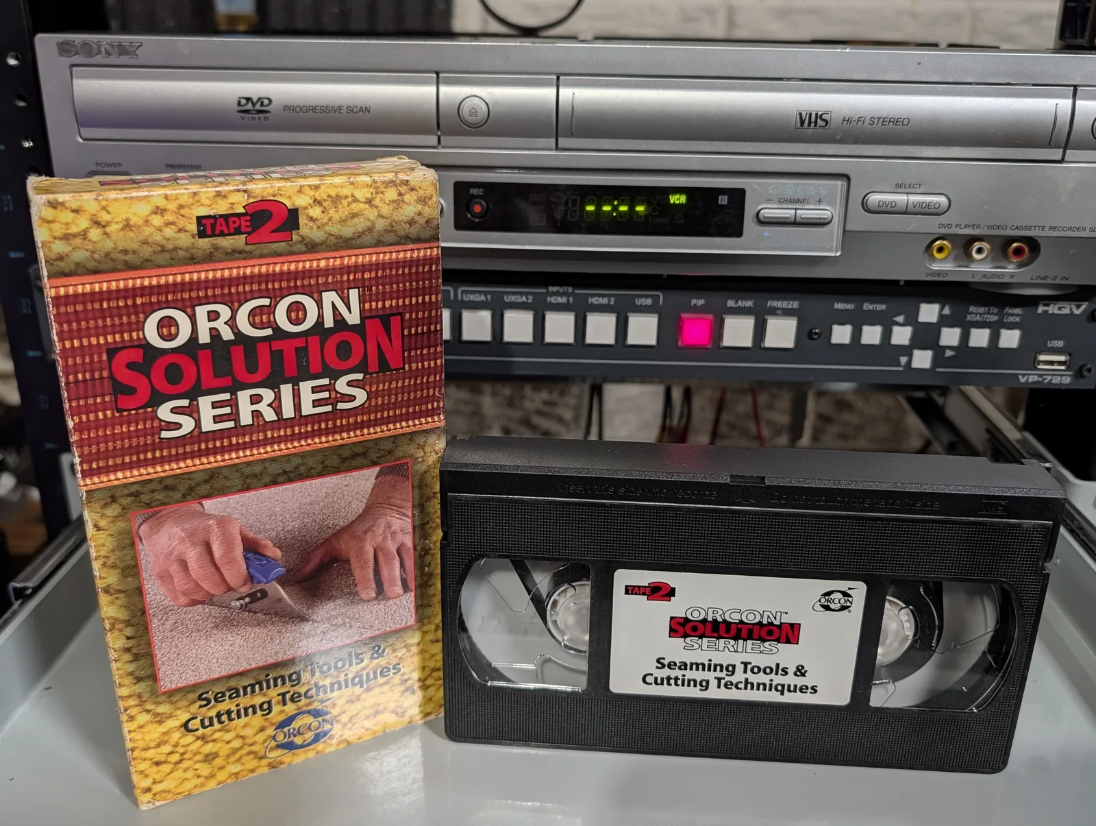 VHS-2026-840: ORCON Solution Series: Seaming Tools & Cutting Techniques, Tape 2, physical VHS tape in the 90s Craig archive.