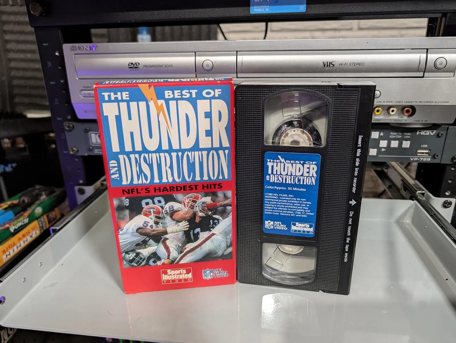 VHS-2026-887: The Best of Thunder and Destruction: NFL's Hardest Hits (1992), physical VHS tape in the 90s Craig archive.