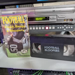 VHS-2026-892: Football Crash, Bangs & Bloopers (1993), physical VHS tape in the 90s Craig archive.