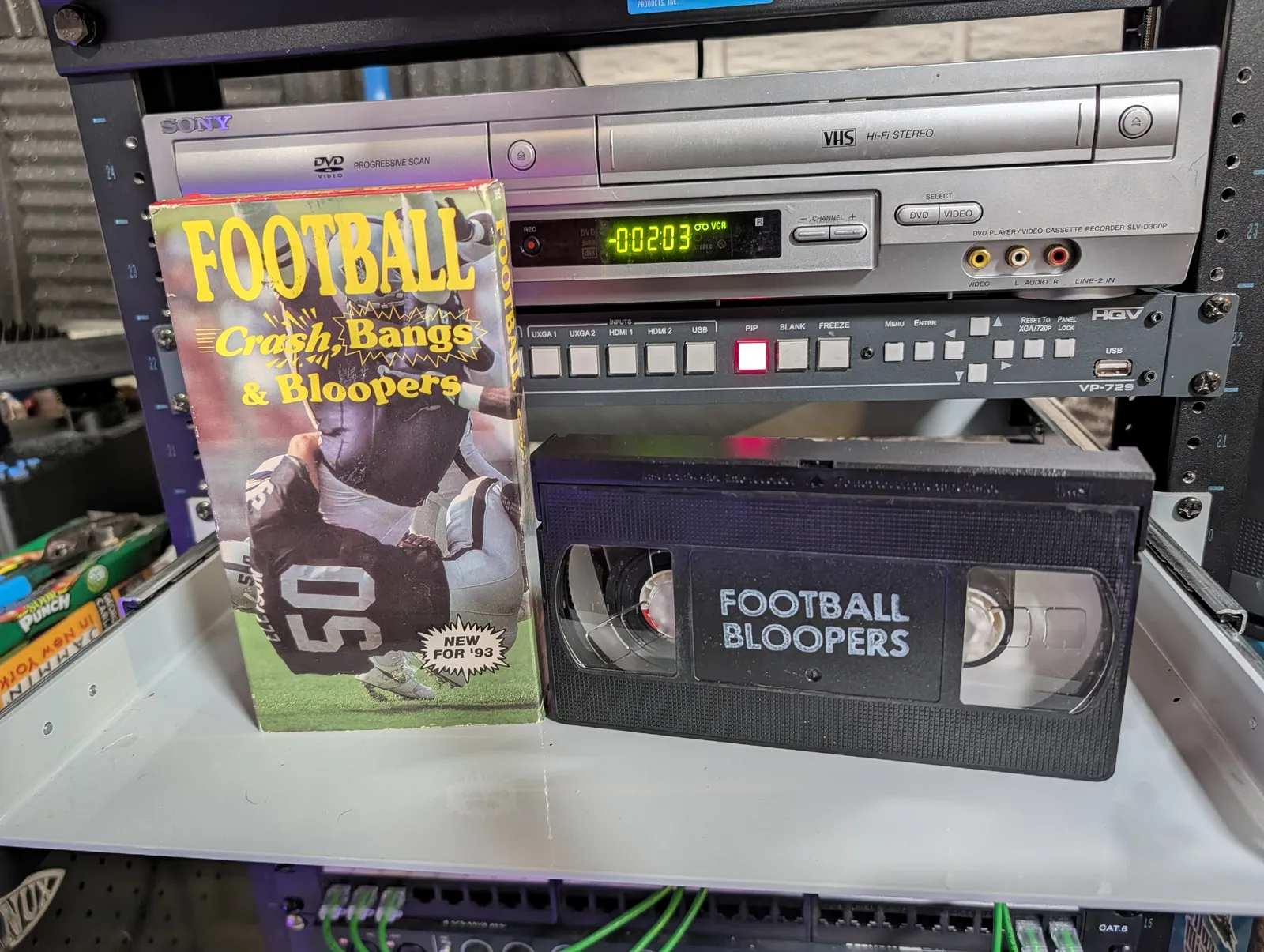 VHS-2026-892: Football Crash, Bangs & Bloopers (1993), physical VHS tape in the 90s Craig archive.