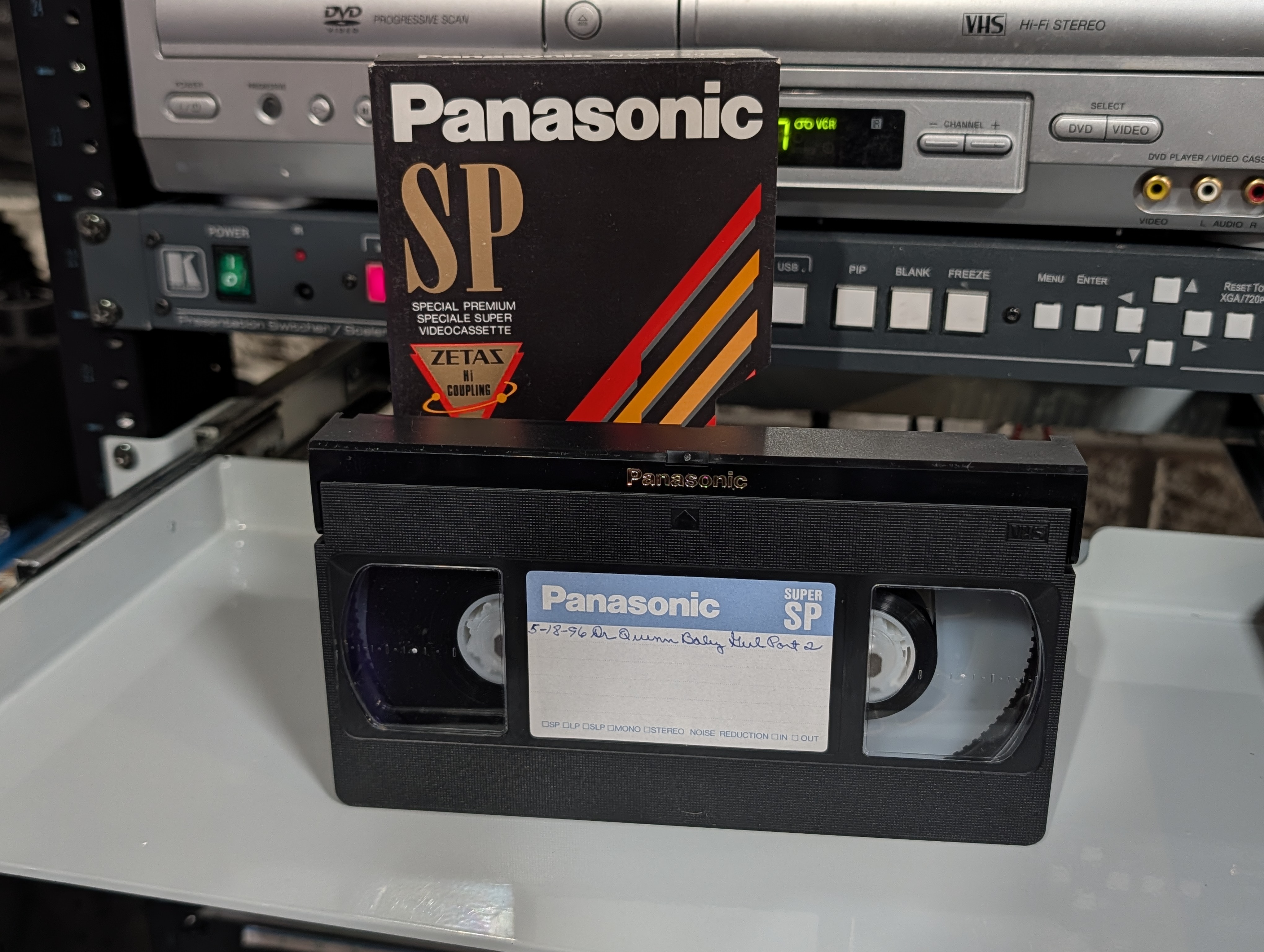 Handwritten Dr Quinn Baby Kill Part 2 label on a Panasonic VHS cassette