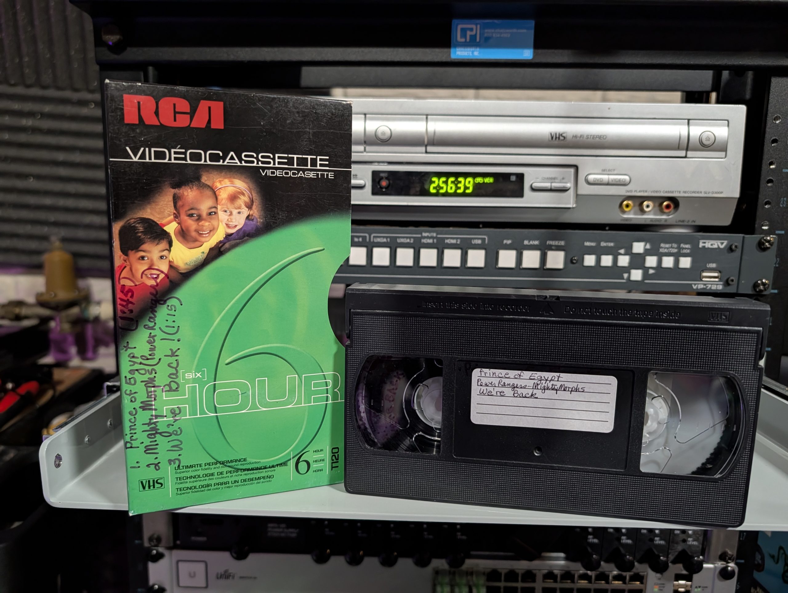 RCA 6-hour tape from Sunbury Collection, 1998 home recording of Prince of Egypt. Power Rangers, We're Back (VHS-2026-016)