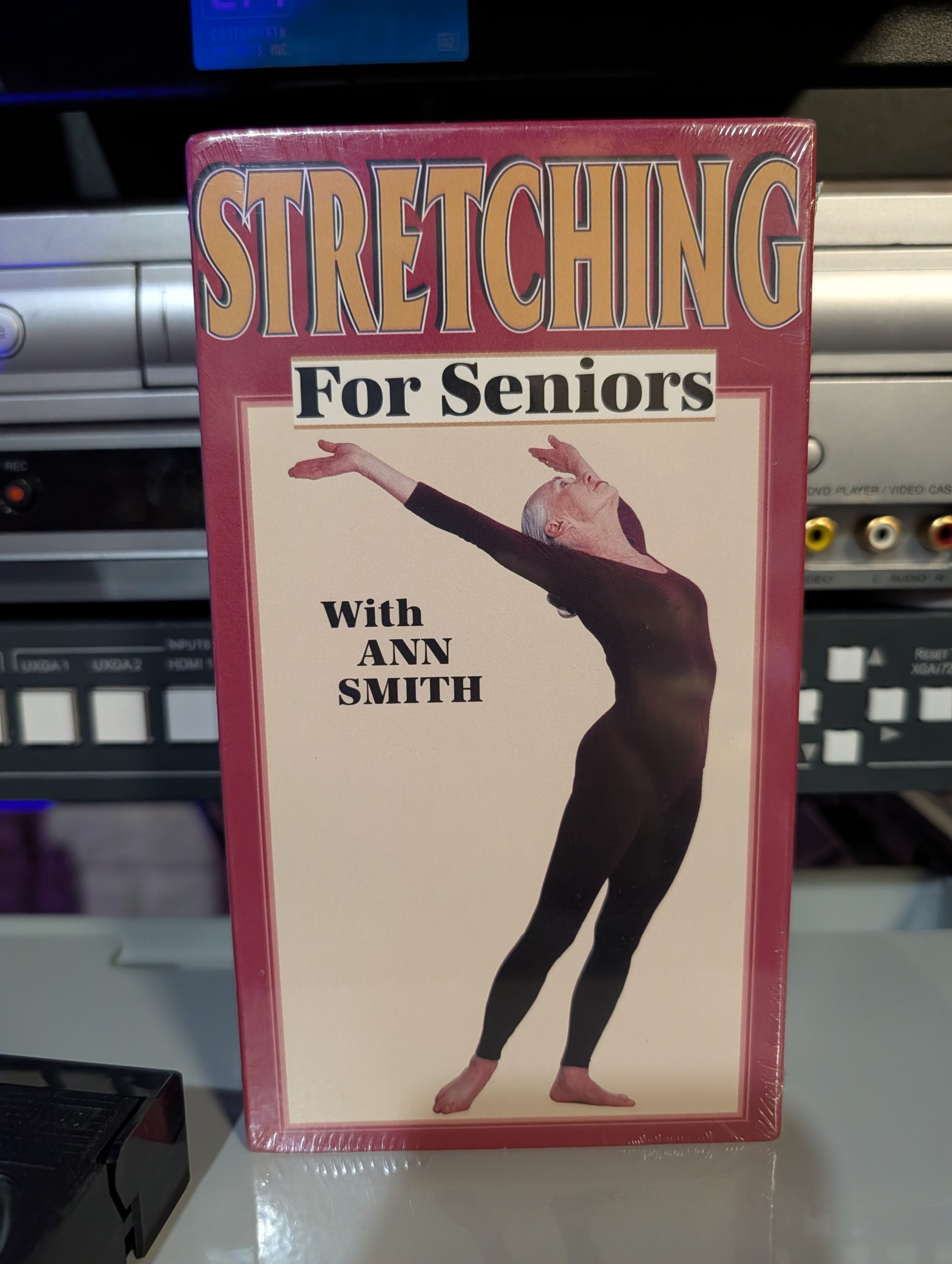 Sealed Stretching For Seniors VHS. Ann Smith, burgundy 90s fitness packaging, Lancaster Ohio thrift find (VHS-2025-001)