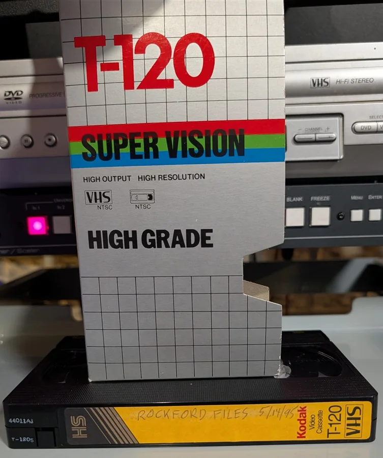 Kodak tape labeled Rockford Files beside a Super Vision sleeve